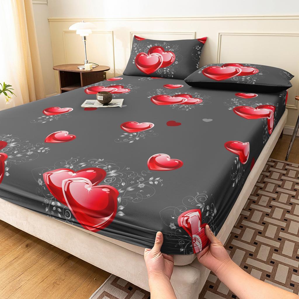 3pcs Fitted Sheet Set,Romantic Valentine'S Day Peach Heart Print Bedding, Love Printed Fashion Classic Soft And Comfortable