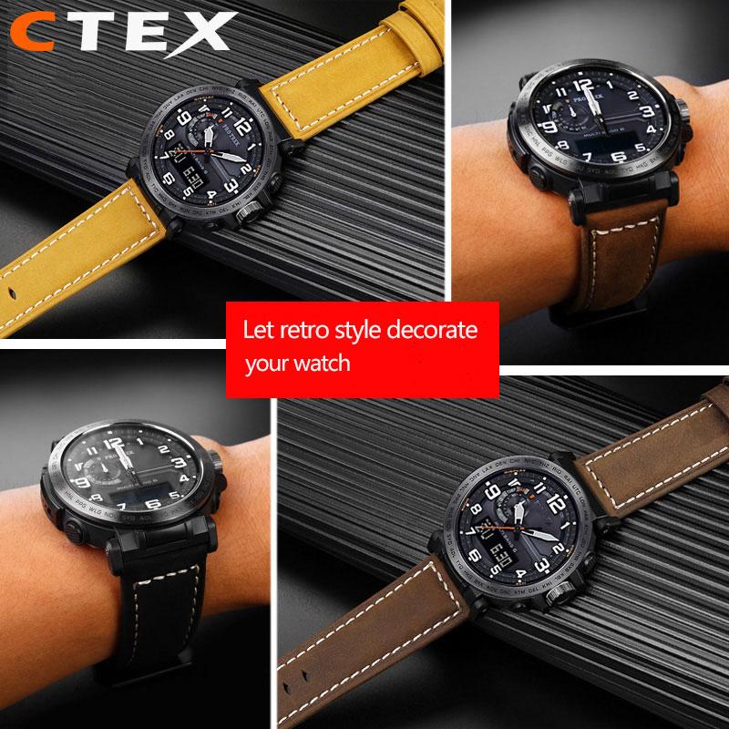 24mm Cowhide Frosted Italian Leather Watchband for Casio PROTREK Series PRG-600/PRG-650/PRW-6600 Outdoor Sports Bracelet Strap