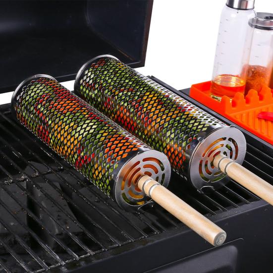 1/2Pcs Stainless Steel BBQ Cage with Wooden Handles Easy To Clean Rolling Barbecue Basket Even Heating Barbecue Basket