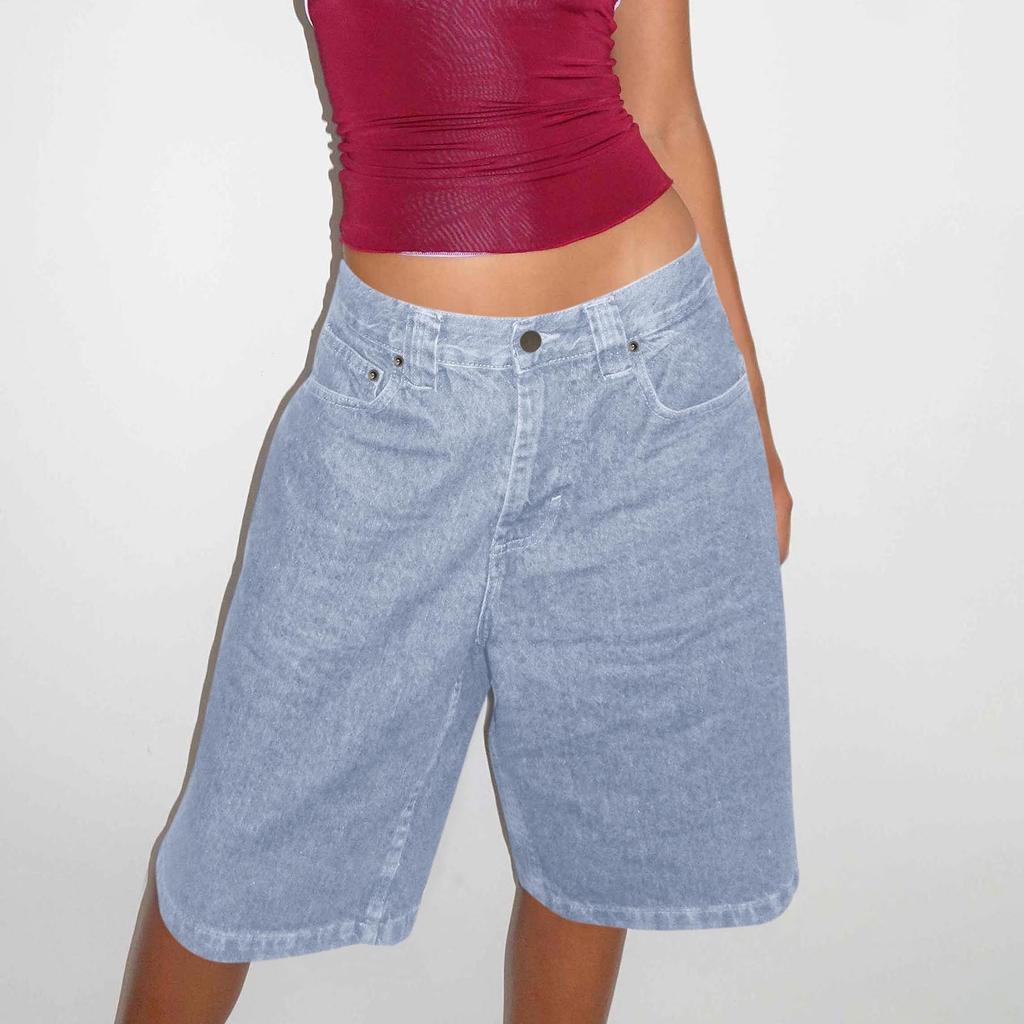 Women Jean High Waisted Trendy Patch Pockets Casual Summer Button Fly Denim Knee Length