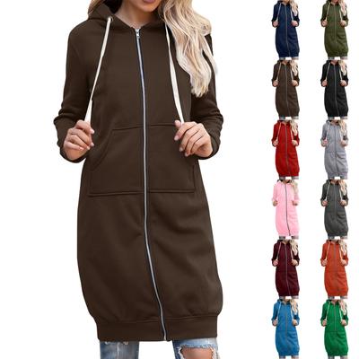 Новое модное женское однотонное облегающее пальто средней длины с застежкой-молнией и круглым вырезом, с длинным рукавом и капюшоном