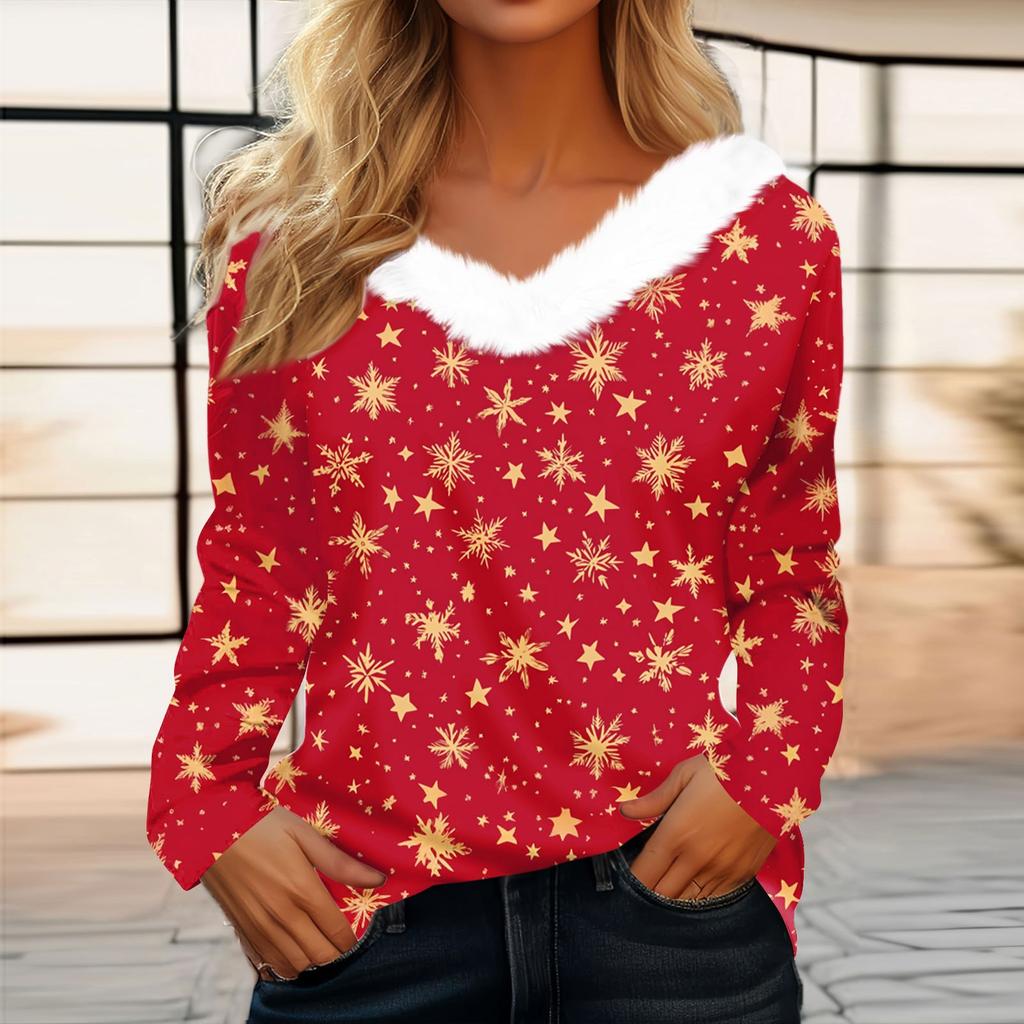 Женская футболка, рождественская рубашка с длинным рукавом, вечерние, рождественский флисовый воротник, топ с v-образным вырезом