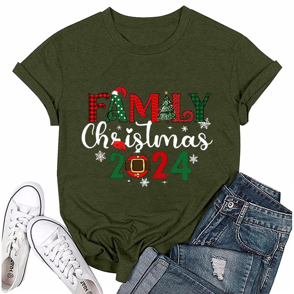 Женский повседневный рождественский принт с короткими рукавами и круглым вырезом, свободный пуловер, топ