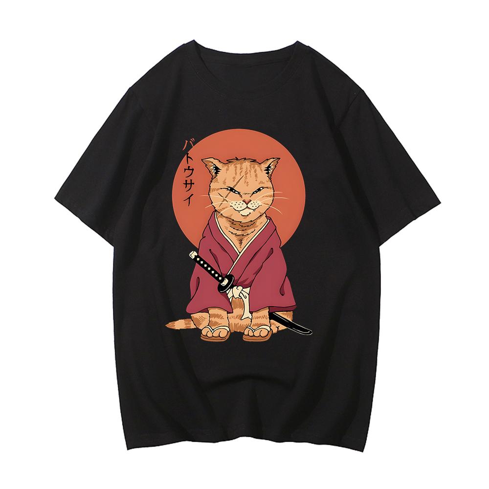 100% Cotton Tshirt Samurai Cat T Shirt Graphic Tees Mens Streetwear Spring and Summer O-neck T-shirt Cartoon Printing Tees-shirt