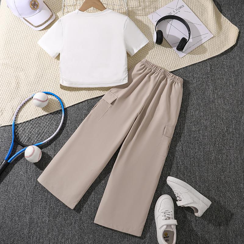 Детский костюм для девочек 8-12 лет, летний новый модный топ с короткими рукавами и буквенным принтом + повседневные широкие брюки