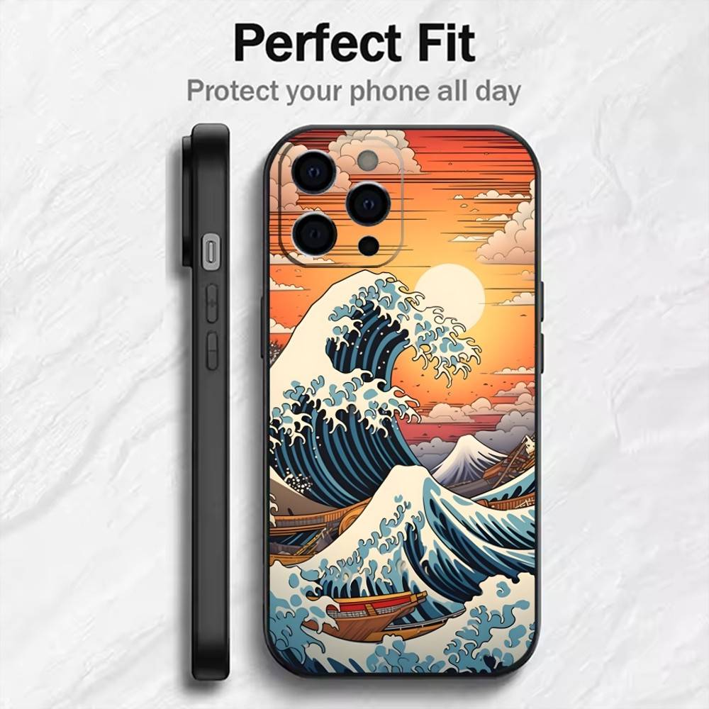 Японская живопись Укиё-э Волны Чехол для телефона Для iPhone 17, 16, 15, 14, 13, 12 Plus, Max Мягкий силиконовый Черный чехол