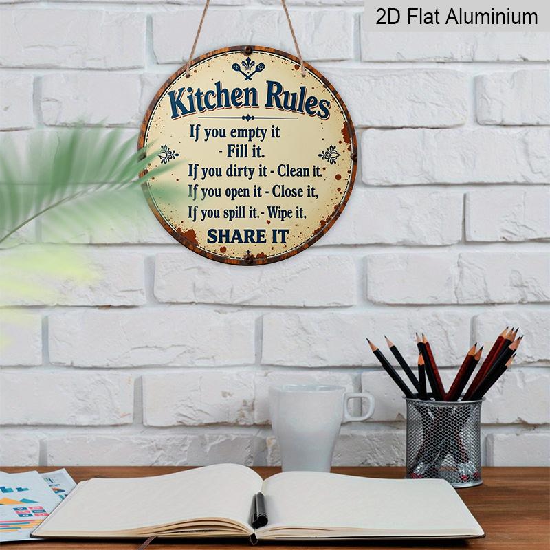 2D Flat 1pc, 8x8 in Printed Aluminum Metal Sign, Featuring Kitchen Rules Design, Round Aluminum Wall Art, Suitable for Decorating Patios, Porches