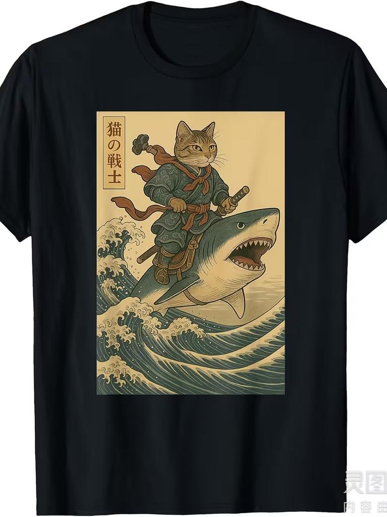 Vintage Anime Cat Japanese Funny Cat Riding Shark Men Women T-Shirt