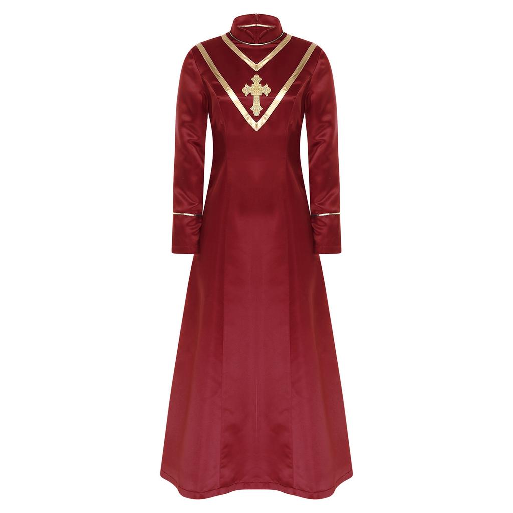Womens Priest Cleric Cassocks Embroidered Cross Long Sleeve Back Zipper Long Robe