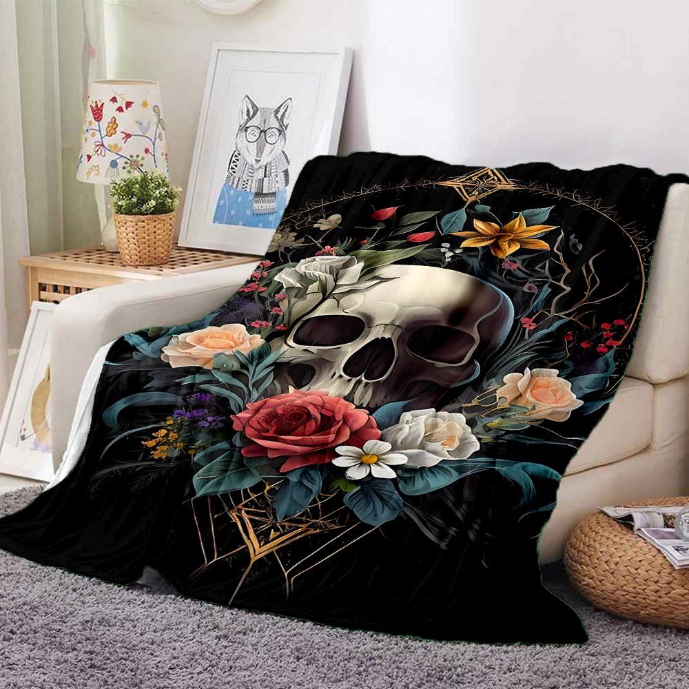 1pc Skull Flowers Blanket, Lightweight Flannel Fleece with Digital Printing, Soft Warm for Sofa, Travel, Camping, Office, Couch, Chair, and Bed, All-S