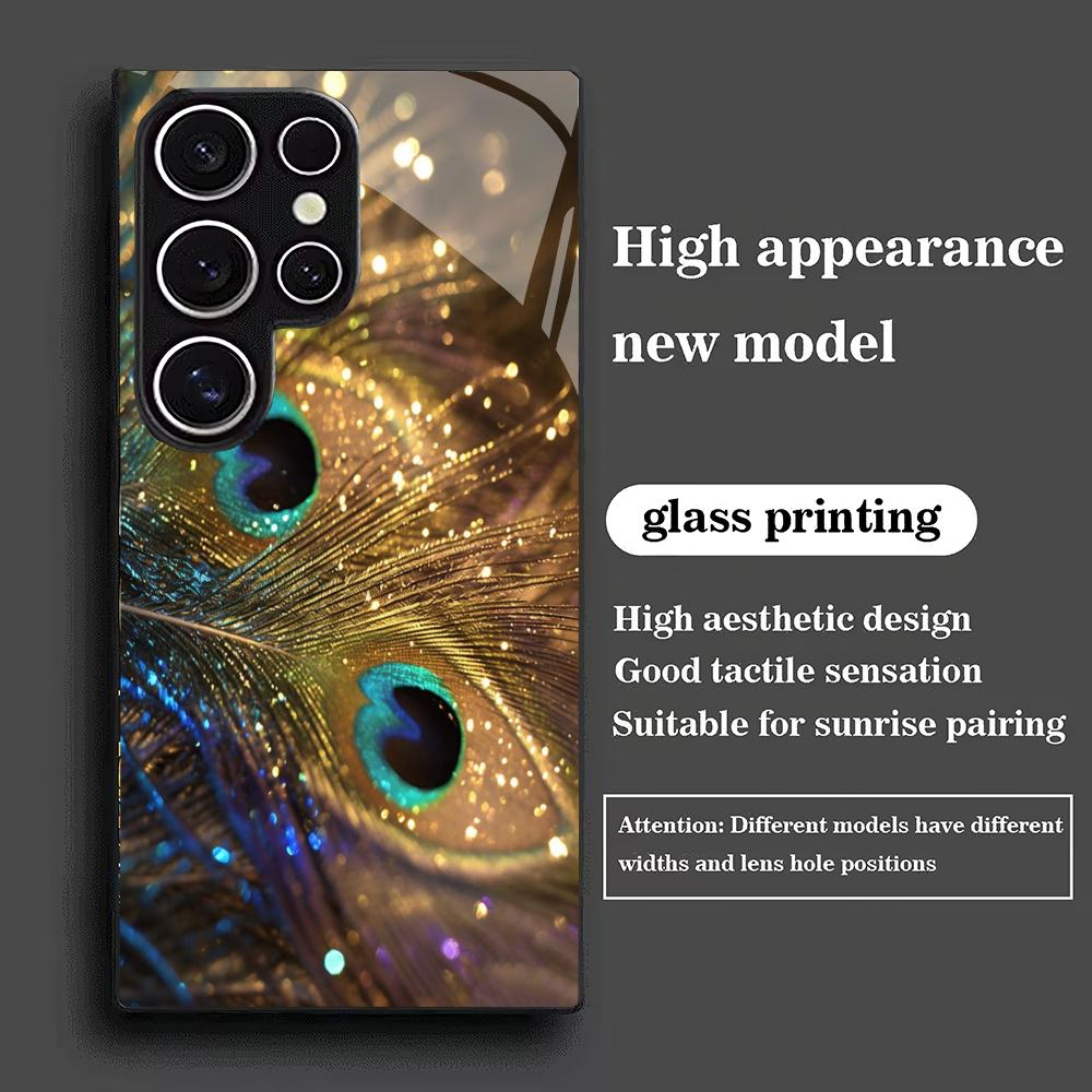 Закаленное стекло для телефона с рисунком перьев павлина, подходит для Samsung Galaxy S26 S25 S24 S23 S22 S20 FE/Ultra/Plus, противоударная задняя крышка