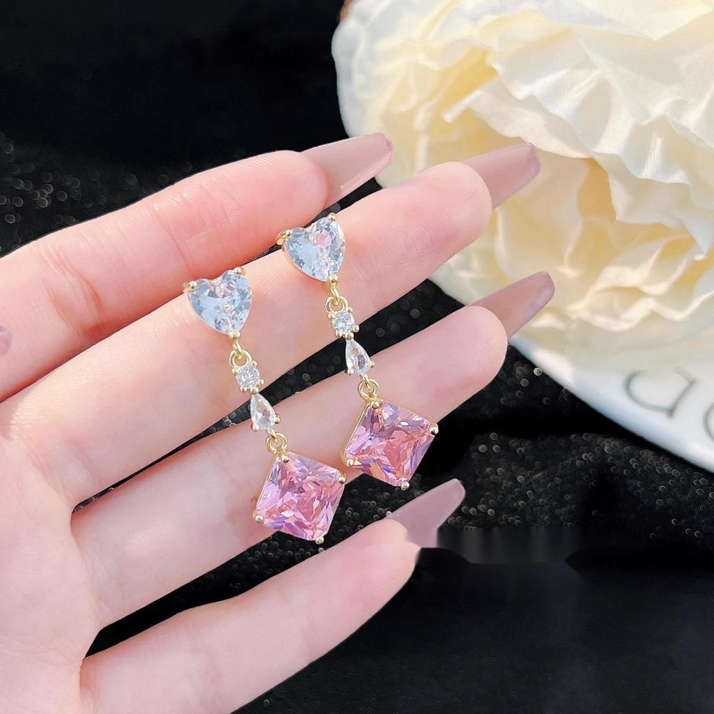 BELLA BOX Exquisite Geometric Square Tassel Heart-shaped Zircon Drop Earrings Suitable For Women's Wedding Party Fashion Jewelry