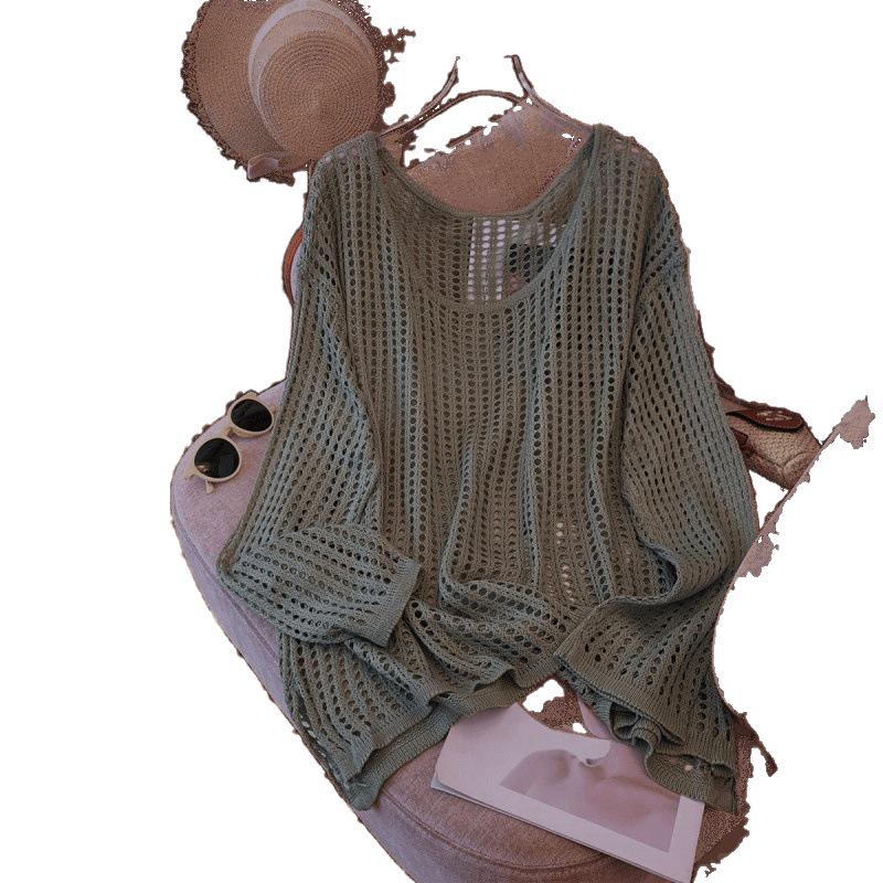 Женский летний кардиган ажурной вязки - Свободный, Приталенный, Защита от солнца, Круглый вырез, Длинный рукав, Универсальный топ.