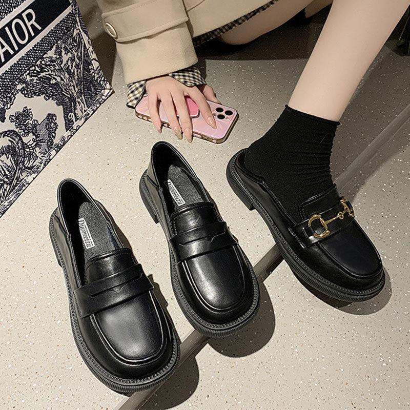 Ретро металлические черные туфли-лодочки универсальные женские новые в британском стиле из мягкой кожи весенне-осенние маленькие кожаные туфли женские