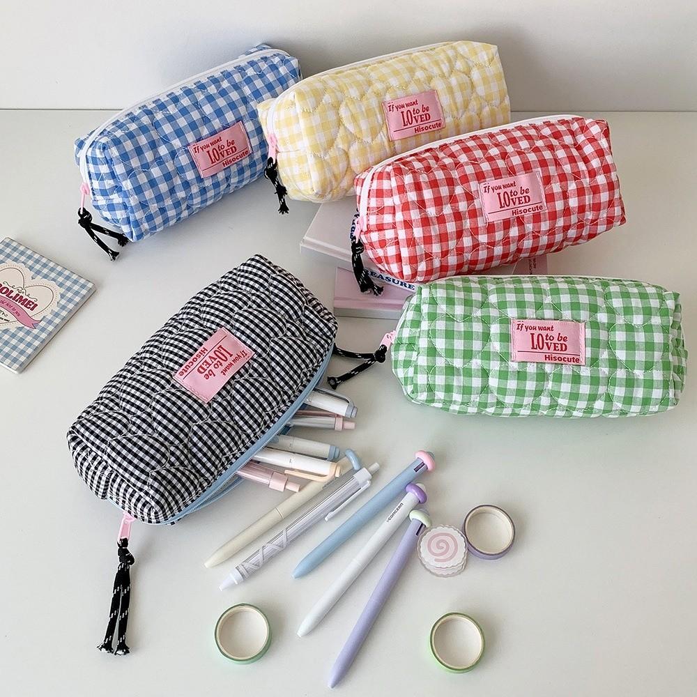 Cloth Korean Plaid Stationery Bag Pen Bag Pencil Pouch Plaid Heart Pencil Case School