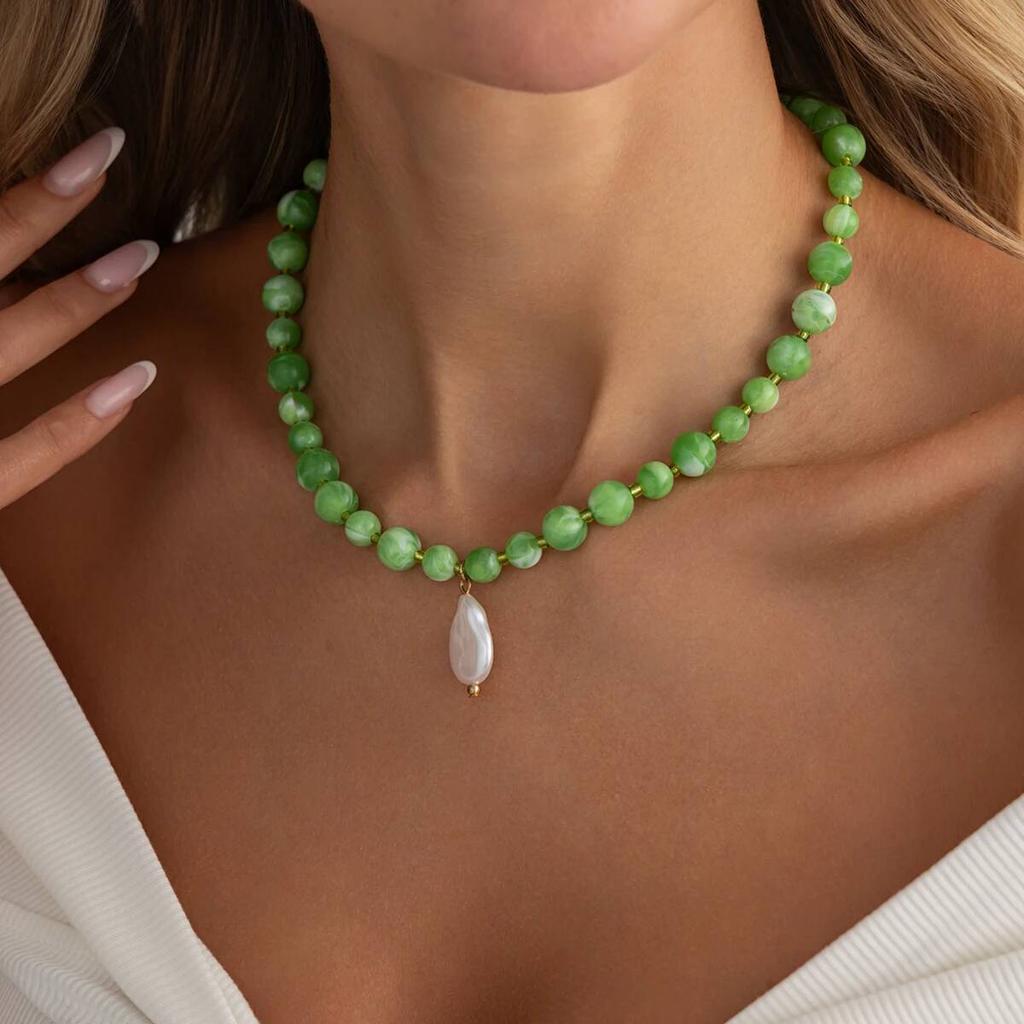 Salircon Exquisite Bohemia Green Glass Beads Choker Necklaces for Women Trendy Imitation Pearl Pendant Neck Accessories Jewelry