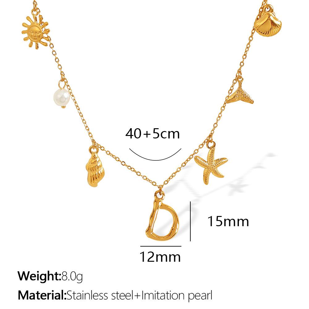 New Arrival Gold Boho Ocean Conch Starfish Shell Charm Necklace Stainless Steel A-Z Alphabet Initial Letter Beach Necklace Women