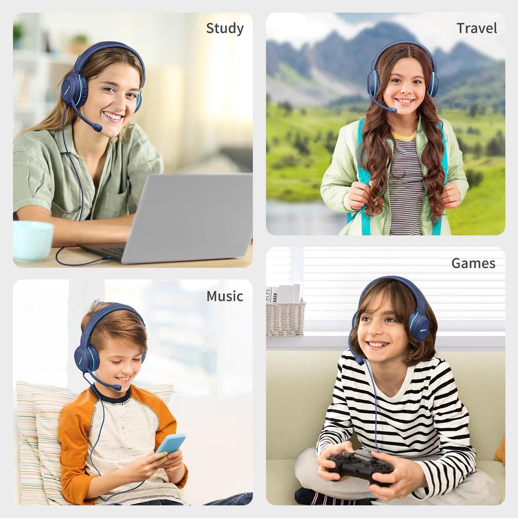 SIMOLIO Wired Headphones for Kids with Microphone, Flexible Rotating Boom Mic, Over-Ear Headset for School Students, K-12 Teachers, E-Learning,