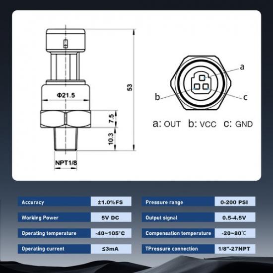 Pressure Sensor Transducer Transmitter for Water Oil Fuel Gas Air 1/8NPT DC 5V