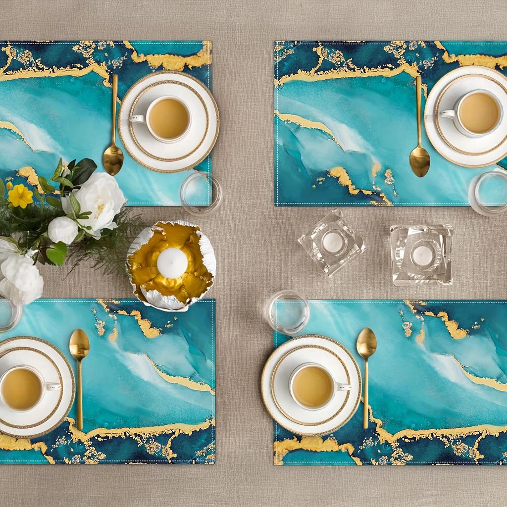 4pcs DOKRIY Turquoise Marble Placemats Suitable & Dining Table - Modern Teal Green & Golden Marble Rectangular Table, Machine Washable Placemat for In