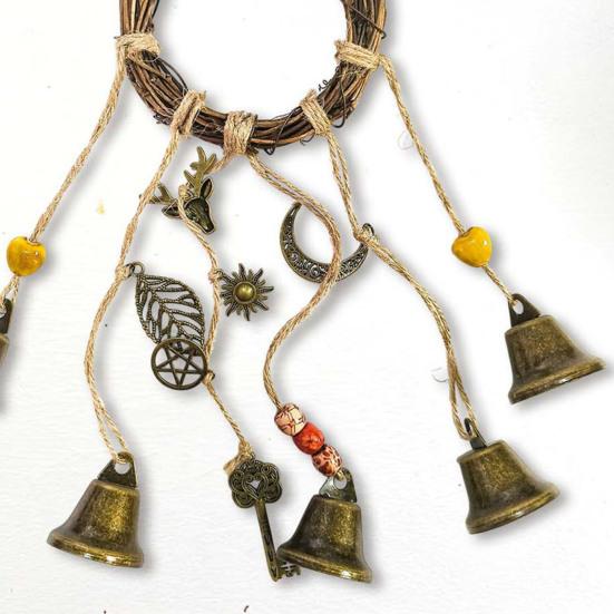 Door Knob Witch Bell Home Protection Handmade Hanging Brass Bell Rattan Wreath Witchcraft Door Hanger