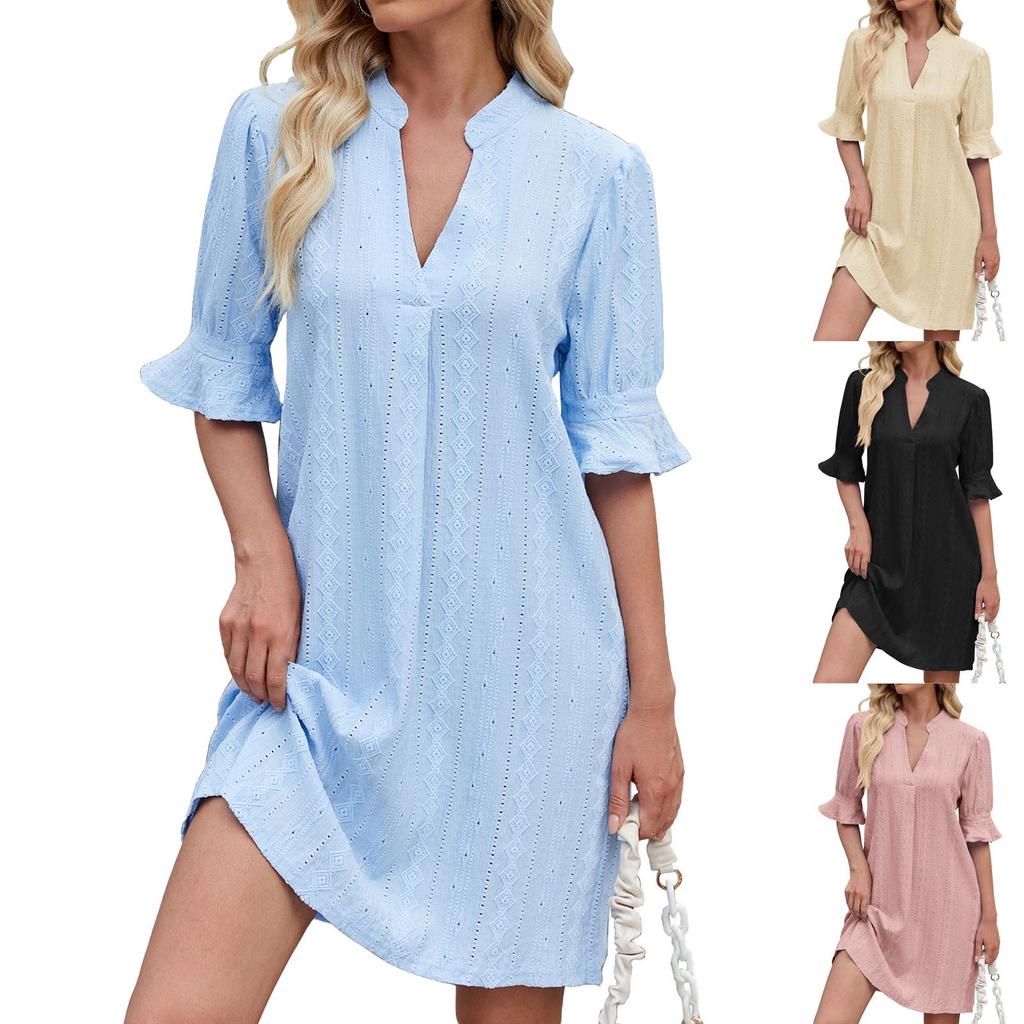 Women's Loose Casual Solid Color Five Quarter Sleeve V-neck Loose Dress Fashionable Dress