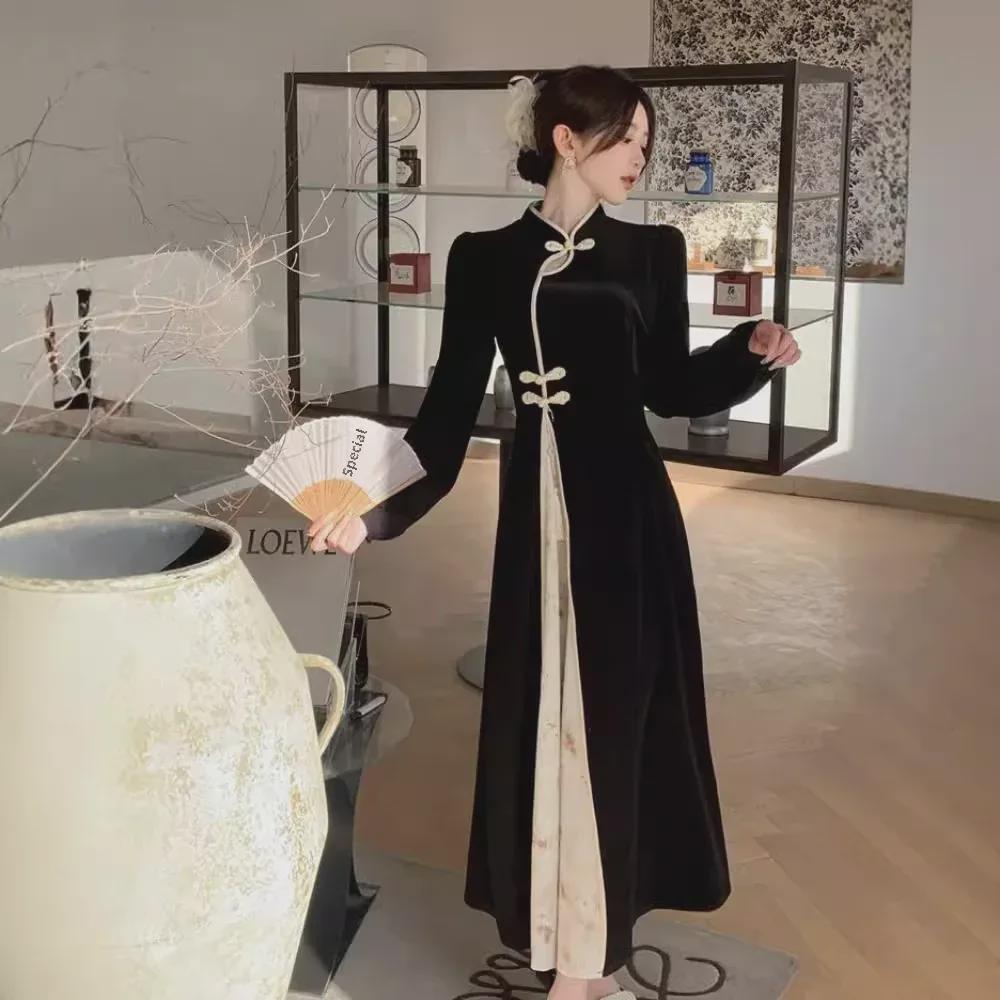 Retro Chinese Style Long Sleeve Cheongsam Dress - Slimming, High Waist, Plus Size for Spring and Autumn