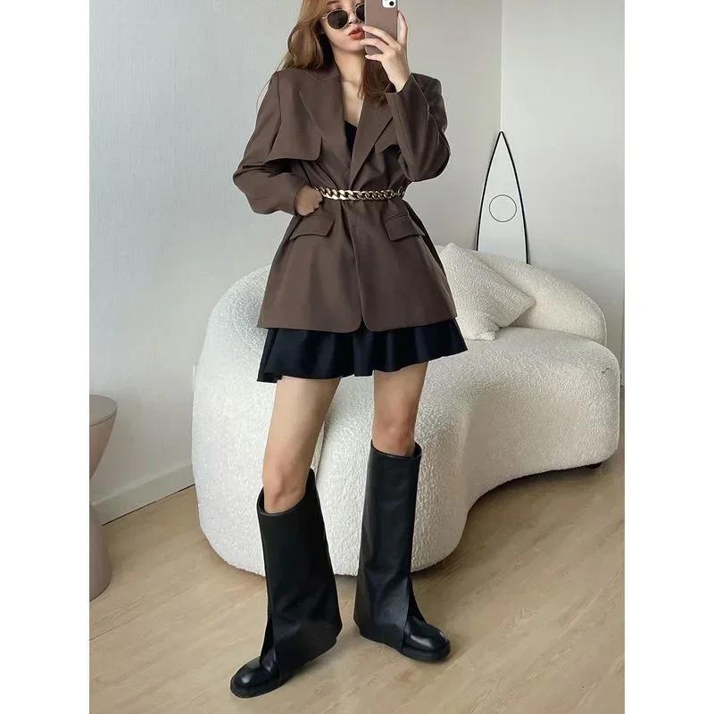 Мода 2024 года, модный бренд, классные высокие сапоги до колена, отличное качество, удобные для ходьбы, винтажные черные туфли без застежек, женские сапоги-брюки для женщин