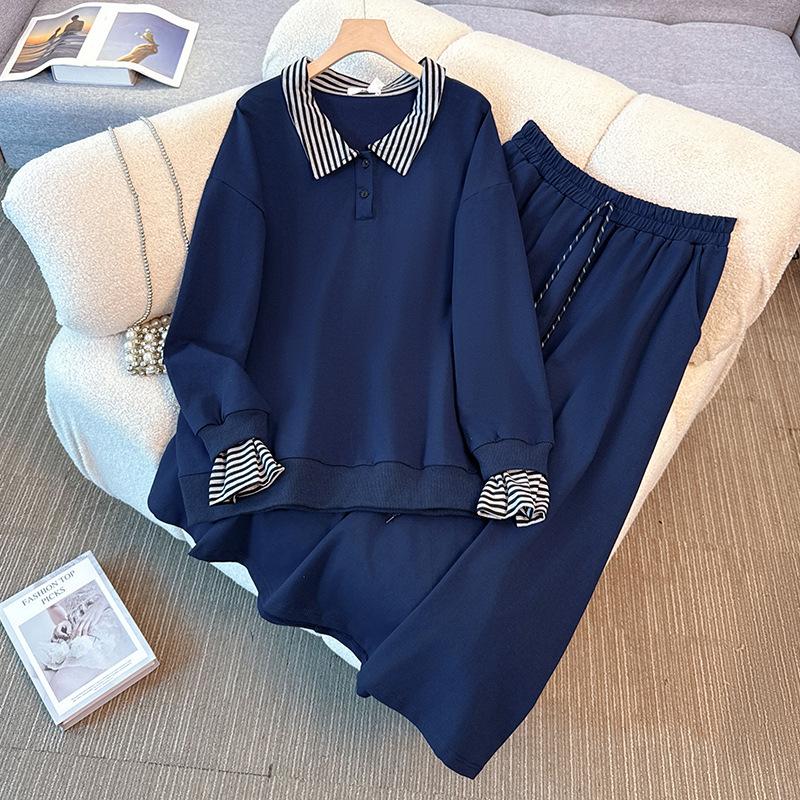 Plus-size Women's Autumn and Winter New School Style Striped Patchwork Hoodie A-line Skirt Set