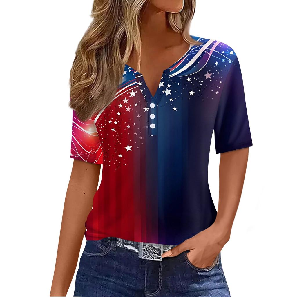 Women's T Shirt Independence Day Print Button Short Sleeve Daily Weekend Fashion Basic V- Neck Regular Top