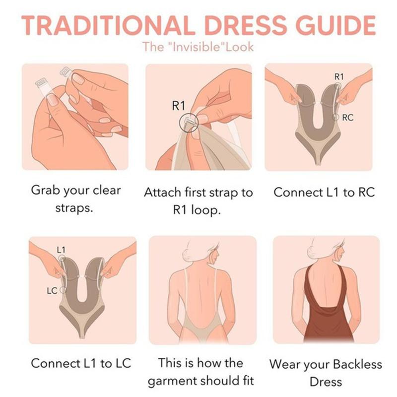 Women Shapewear Deep V-Neck Body Shaper Backless U Plunge Thong Shapers Waist Trainer Women's Clear Strap Padded Push Up Shapewear