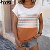 Женские модные повседневные летние весенние блузки и рубашки с круглым вырезом и короткими рукавами с полосатым принтом