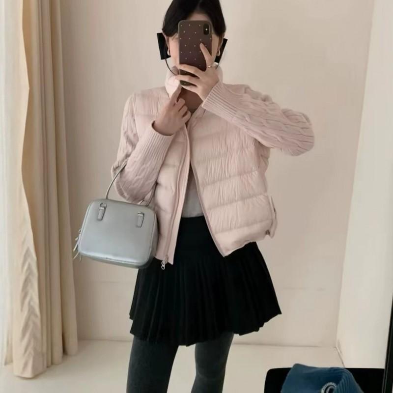 Womens Short Puffer Jacket With Stand Collar 90% White Duck Down Knit Panel Detail Lightweight Warm Winter Coat Petite