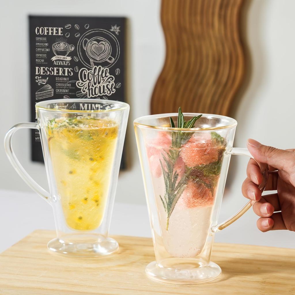 Стеклянные кружки для кофе с двойными стенками, 13 унций/400 мл, прозрачное стекло с ручкой, изолированные, для капучино, чая, латте