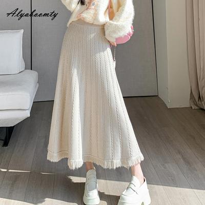 Корейская мода, осенне-зимняя женская юбка-миди с высокой талией, серая, черная, абрикосовая, кофейная, толстая теплая юбка, элегантная женская юбка с кисточками, женские юбки