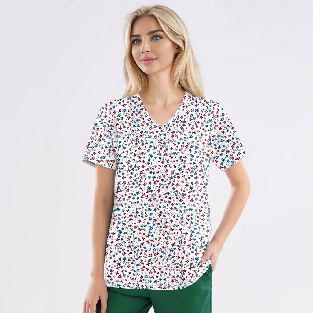 Рабочая форма больших размеров с принтом, топы для женщин, забавные футболки с v-образным вырезом и короткими рукавами, рабочая одежда, футболка с карманами