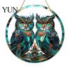 Home Window Decor Double Owl Suncatcher Hanging Ornament, Stained Glass Style Circular Wall Elegant Bird Decor, Green Art for Porch Garden Decoration