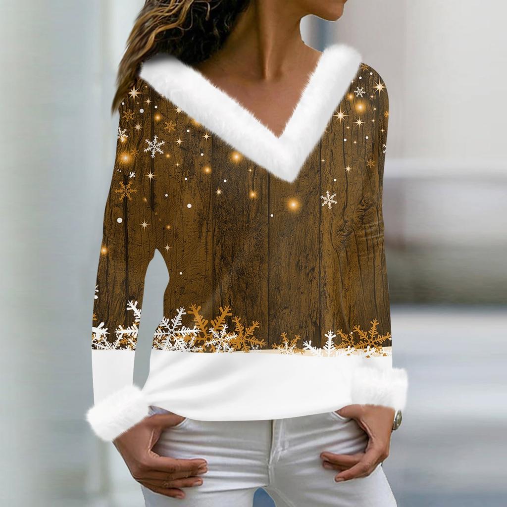 Женская мода повседневная плюшевая кофта с длинным рукавом и V-образным вырезом с рождественским принтом
