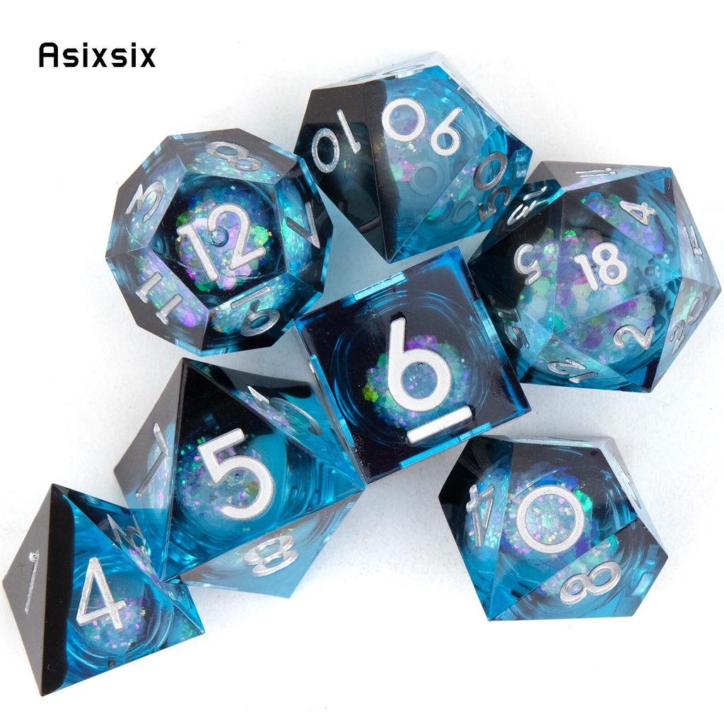 7 Pcs Blue Flowing Sand White Number Sharp Edge Resin Dice Polyhedral Dice Suitable for Role-Playing RPG Board Game