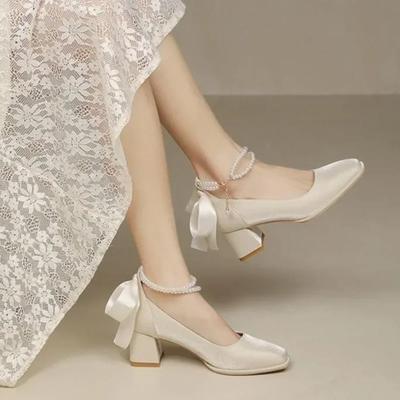 2025 Новые красные туфли Мэри Джейн на платформе с жемчужным бантом, каблук-столбик, водонепроницаемые туфли на среднем каблуке для женщин, свадебные туфли