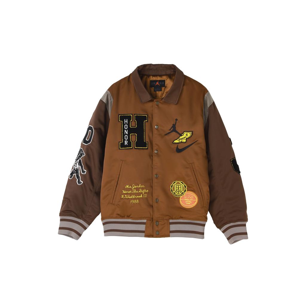 Jordan X HTG Embroidered Patch Baseball Collar Fitted Thick Sports Jacket Men Jackets Brown DX6244-204