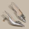 Women's French Style Low-Heeled Stiletto Sandals with Pointed Toe and Breathable, Buckle Strap Design.