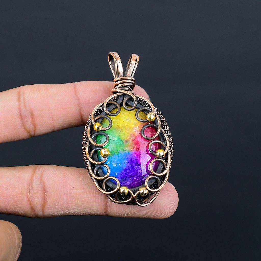 Очаровательный радужный солнечный кварц, драгоценный камень, чистая медная проволока, обернутая ювелирным кулоном ручной работы