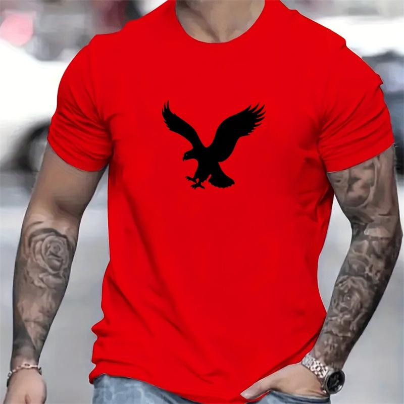 2024 Summer New Men's Simple Fashion Loose T-Shirt Eagle Print Round Neck Solid Color Short-Sleeved T-Shirt Casual Daily Tops