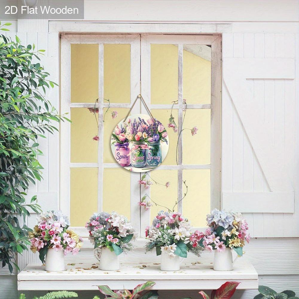 1pc Spring Wood Decorate Signs and Plaques -Three Glass Jars Filled with Flowers -Wooden Ornaments Sign - Friend Gift - Wall or Door Hanging