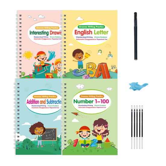 4Pcs Grooved Handwriting Practice Workbooks Reusable Kids Alphabet Number Learning Tracing Book Writing Practice Book with Pen Refills Pencil Gripper