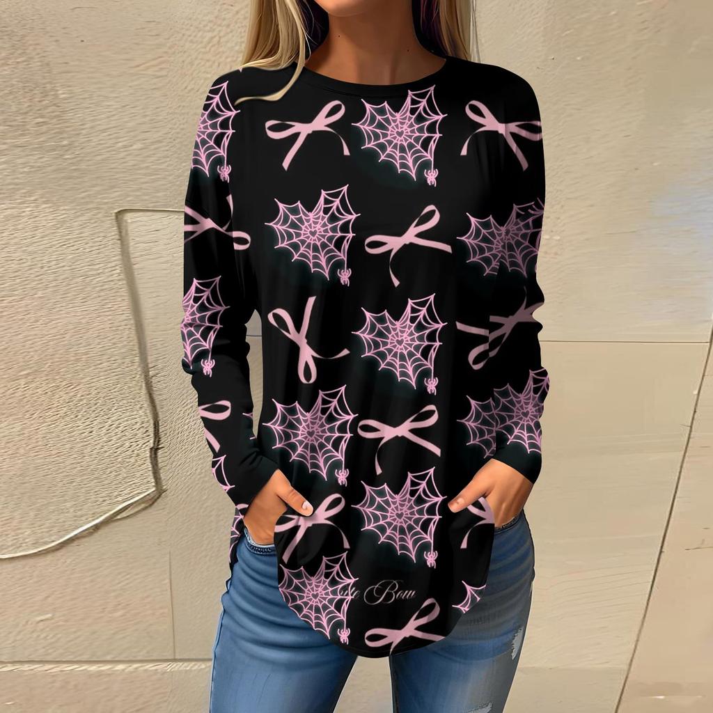 Women's Loose Casual Bow Printed Round Neck Long Sleeved T Shirt Top Pullover Long Sleeved Sweatshirt