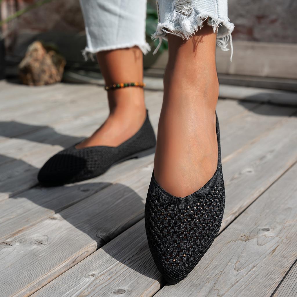 Модные женские туфли-балетки с острым носком, однотонные вязаные слипоны, повседневные дышащие балетки, удобные лоферы для женщин