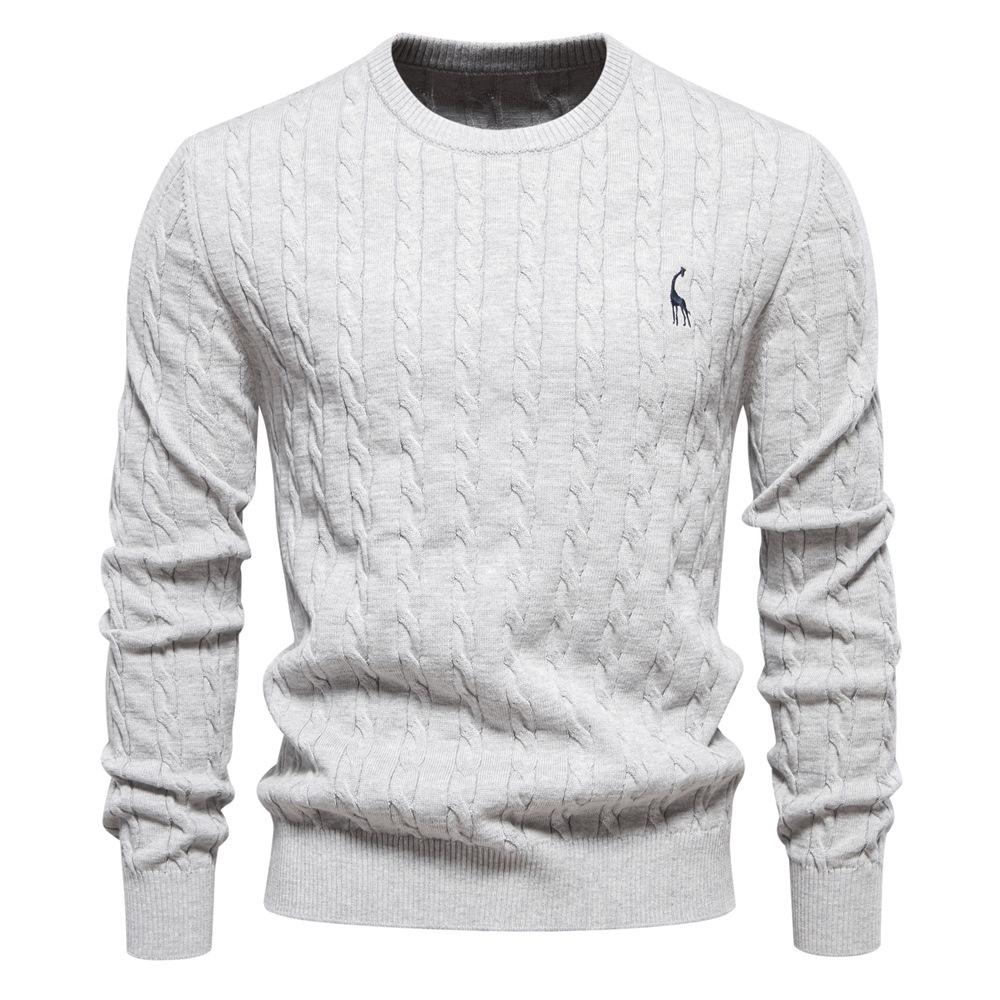 Men's Autumn Winter Solid Knitted Crew Neck Sweater Fashion Casual Deer Embroidery Pullover