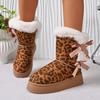 Winter Bow Leopard Snow Boots Women's Fashion Round Toe Sleeve Platform Plush Warm Cotton Boots